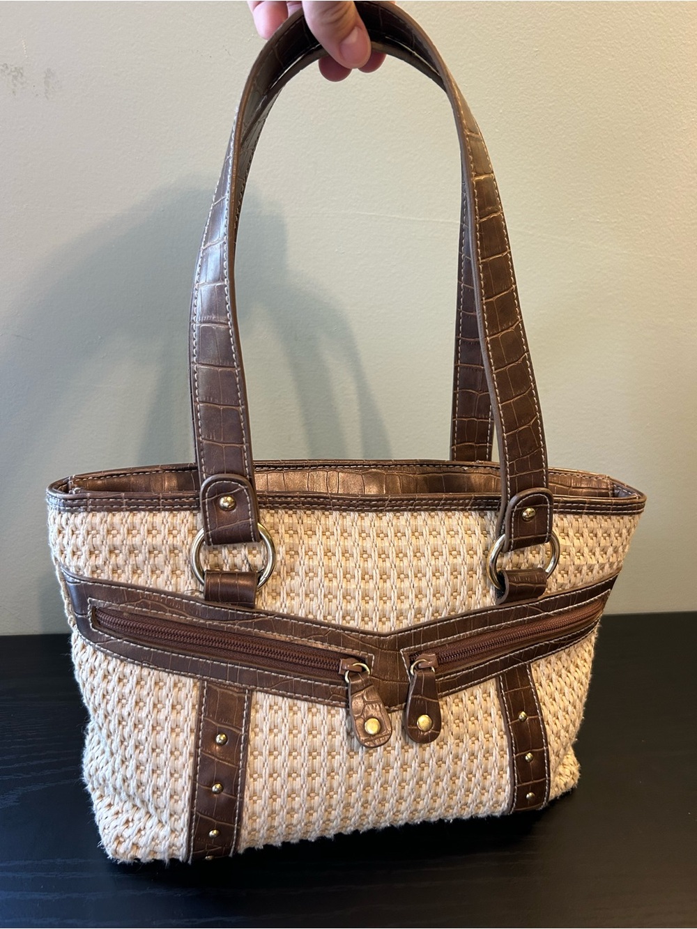 Woven Straw Bag with Brown Faux-Leather Trim
